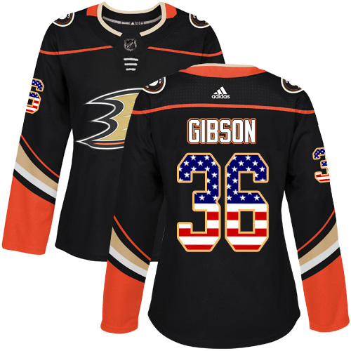 Adidas Ducks #36 John Gibson Black Home Authentic USA Flag Women's Stitched NHL Jersey